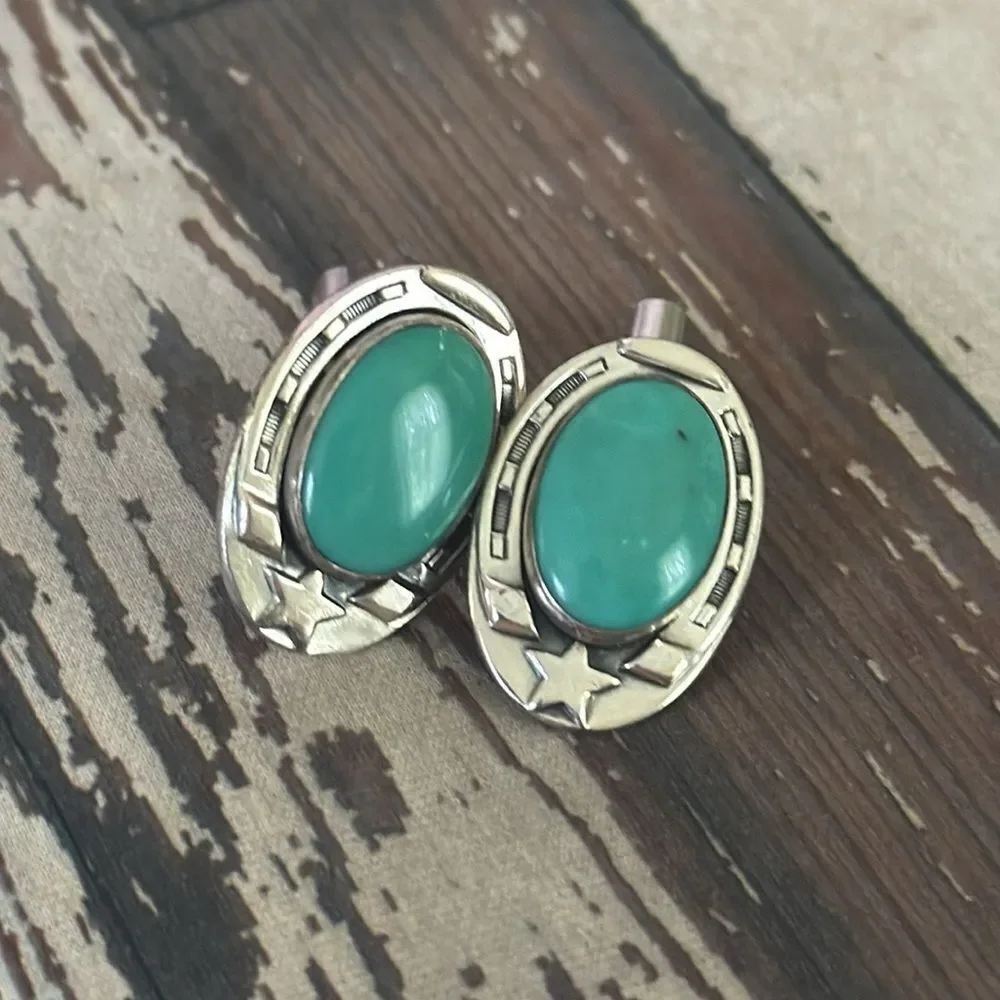 *Sheriff Star* *Western* Oval Turquoise Cabochon Sterling Cufflinks